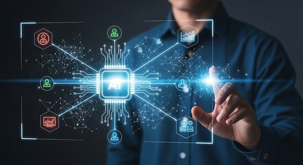 Businessman interacting with AI network and data visualization interface artificial intelligence