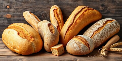 Artisan loaves, baguettes, sourdough, rye, and whole wheat bread displayed on rustic wooden surface, fresh, tasty