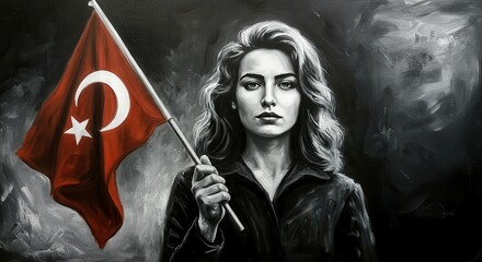 Turkish Woman with National Symbol: A determined woman gazes towards the future, holding the flag of her nation with resolute strength and an unbreakable spirit. 