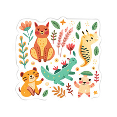 Fototapeta premium Folk-Art Watercolor Animal Sticker Sheet