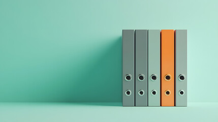 Illustration of gray and orange office files on a light mint background with empty space. Business background illustration.