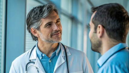 Doctor stethoscope medical clinic consultation teamwork ai insurance analytics calm support in bright clinic hallway