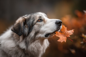 A close-up portrait of a Golden Retriever surrounded by warm autumn leaves.