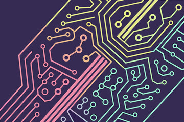 Colorful circuit board design with interconnected lines and circles on a dark purple background art