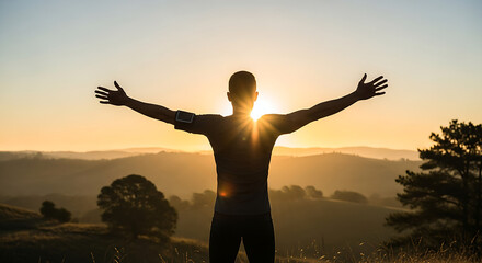 Fototapeta premium Man with arms outstretched celebrating sunrise enjoying a new beginning and the beauty of nature