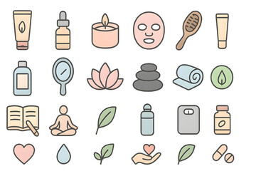 Minimalist Vector Icons of Self-Care Essentials Including Skincare, Candle, and Diffuser