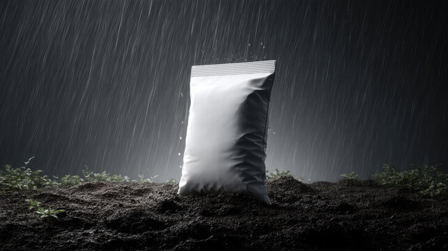 Rain & Soil Interaction, A plain white 3D  fertilizer bag mockup on dark soil, with clear raindrops falling, emphasizing natural absorption. with copy space. 3d illustration.