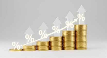 Financial growth concept with rising stacks of gold coins and percentage arrows