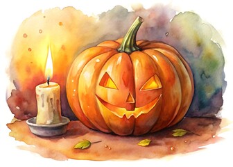 Watercolor painting of a jackolantern with candle isolated on white background