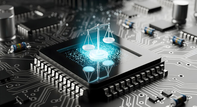 Digital justice concept with glowing scales on computer chip, representing AI law