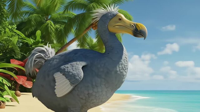 A whimsical cartoon dodo bird on a sunny tropical beach.