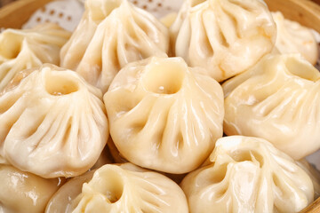 Steamed Xiaolongbao Chinese Soup Dumplings in Bamboo Steamer Traditional Dim Sum Gourmet Asian...