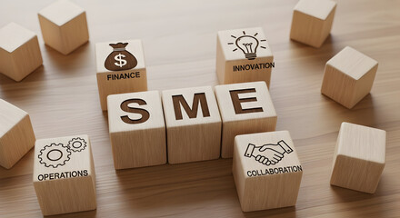 SME business concept with wooden blocks showing finance, innovation, and collaboration