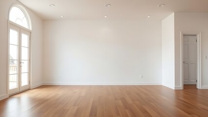 Minimalist living space with wooden floors and white walls, embodying serene modern design.