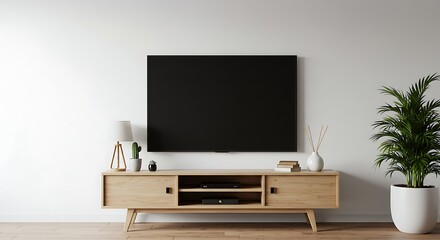 Modern living room with wall mounted television and wooden media console