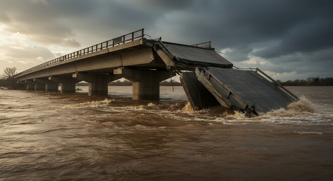 Collapsed bridge partially underwater, destroyed by severe flooding, isolated background