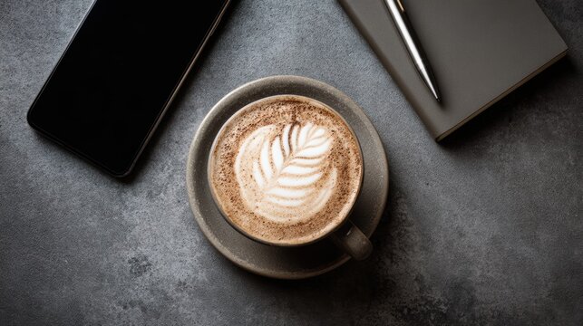 Cappuccino with latte art on concrete surface, smartphone and notebook with pen, modern workspace lifestyle, productivity concept

