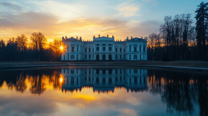 Fototapeta premium Majestic Reflection of Historic Building at Sunset Over Still Water with Trees Silhouetted Against Sky in Golden Hour Glow
