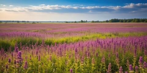 Overgrown grasslands with scattered purple wildflowers