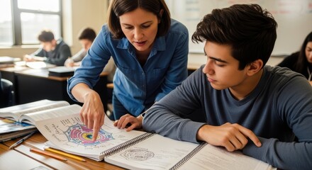 Teacher assisting student with science project in classroom for education and learning concepts photo