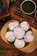 Mongolian Steamed Meat Buns Traditional Inner Mongolia Cuisine Fresh Dumplings on Wooden Serving Plate