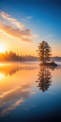 Fototapeta premium Serene lake at sunrise with misty atmosphere