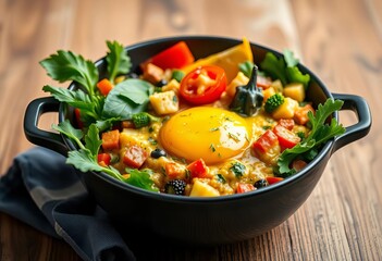 Overhead shot of colorful veggie & egg scramble in bowl,  vibrant,   tasty