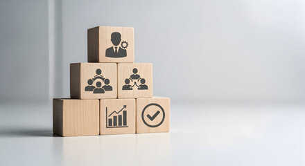 Business success concept with wooden blocks, teamwork, progress, and achievement goals