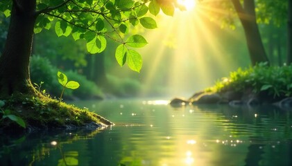 Serene nature scene depicting spiritual healing; sunlight filters through leaves onto tranquil water, promoting a sense of peace and restoration ,  rebirth,  water,  relaxation