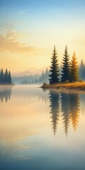 Fototapeta premium serene watercolor painting of a calm lake with distant trees