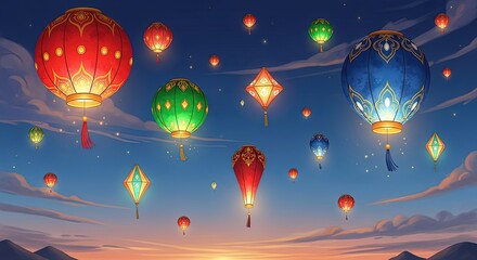 Fototapeta premium Celebrate with colorful lanterns at sunset sky, ideal for Lunar New Year or Mid-Autumn Festival events