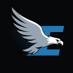 Blue Eagle Symbol Emblem In Flight With Motion Lines On Black Background Sports Team Logo Vector Illustration