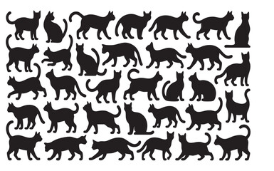 Collection Of Cat Silhouettes In Various Poses On White Background Black Feline Animal Vector Graphic Set For Design Element And Creative Projects