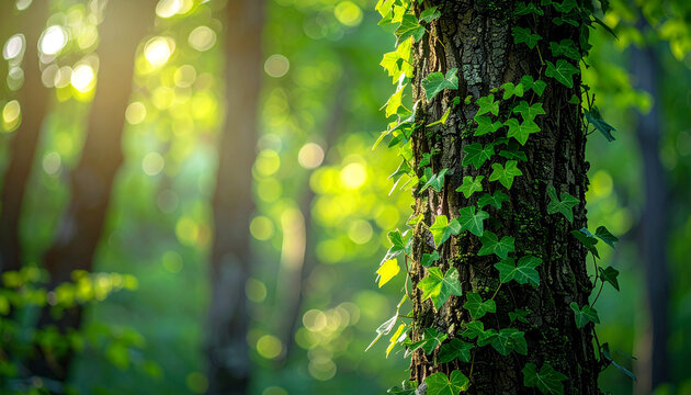 Tree trunk wrapped in green creeping vines