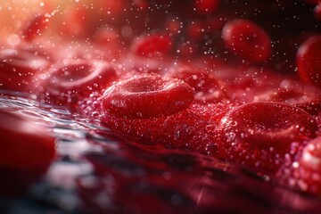 Vibrant red blood cell journey showing microscopic detail and essential cellular biology for human health, vital medical science, and research concept
