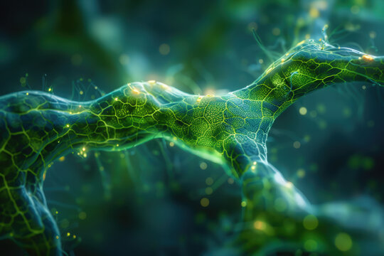 Vibrant futuristic organic network structure representing advanced cellular biology and data system technology with dynamic energy flow and particle glow