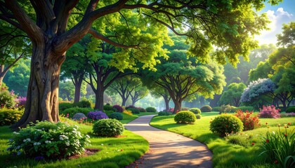 Fototapeta premium A sun-drenched park pathway winds through lush greenery, vibrant flowers, and towering trees, bathed in morning light.