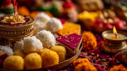 Delicious Bhai Dooj Indian Sweets and Festive Pooja Thali with Diyas, Flowers and Traditional Ritual Offerings for Brothers and Sisters Celebration