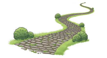 Winding stone paved path surrounded by green bushes and grass, symbolizing a journey, decision, or pathway forward in a natural outdoor setting.