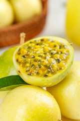 Fresh Golden Passion Fruit Cut Open Showing Seeds and Pulp - Tropical Exotic Food