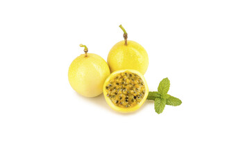 Fresh Golden Passion Fruits with Mint on White Background