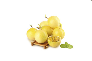 Fresh Golden Passion Fruit on Wooden Tray with Mint Leaves - Tropical Exotic Fruit