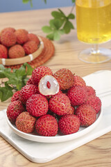 Fresh Lychee Fruits from Lingshan Gaozhou China on White Plate Tropical Asian Fruit with Sweet Flavor Small Nucleus