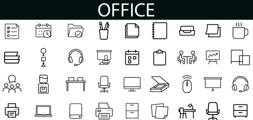 Office Icon Set for Workplace Tools, Business Equipment, and Productivity UI Design