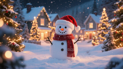 Obraz premium A festive winter scene featuring a cheerful snowman standing in the snow, adorned with a red Santa hat and a cozy scarf. Christmas, Christmas Tree, Merry Christmas, Christmas Background