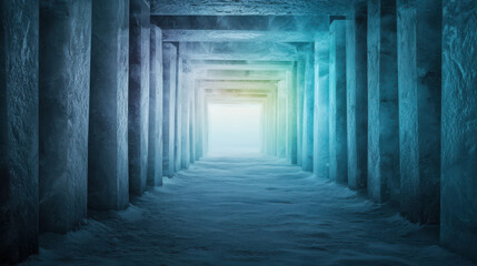 Enchanted Ice Tunnel with Frosty Pillars and Ethereal Light at the End in a Mystical Winter Wonderland Setting