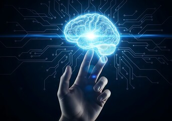 Futuristic concept of artificial intelligence and human consciousness, with a hand interacting with a glowing digital brain interface on a dark background