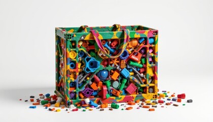 Obraz premium a high resolution eco reusable bag produced from abandoned plastic crates, highlighted by colorful mixed debris aesthetic, biodegradable additives, shown on seamless white with crisp detail.