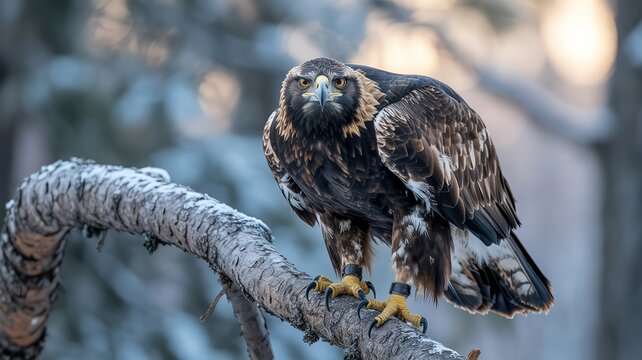 Majestic golden eagle perched on a snow covered branch looking directly at the camera in winter forest