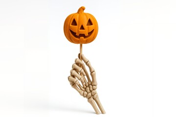 Spooky fun with a skeleton hand holding a grinning jack-o'-lantern lollipop, perfect for Halloween marketing and creative seasonal promotions